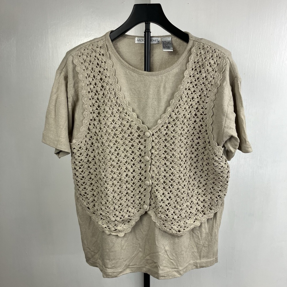 Victoria Jones 100% Silk Short Sleeve Crochet Vest Women's L Top Beige
